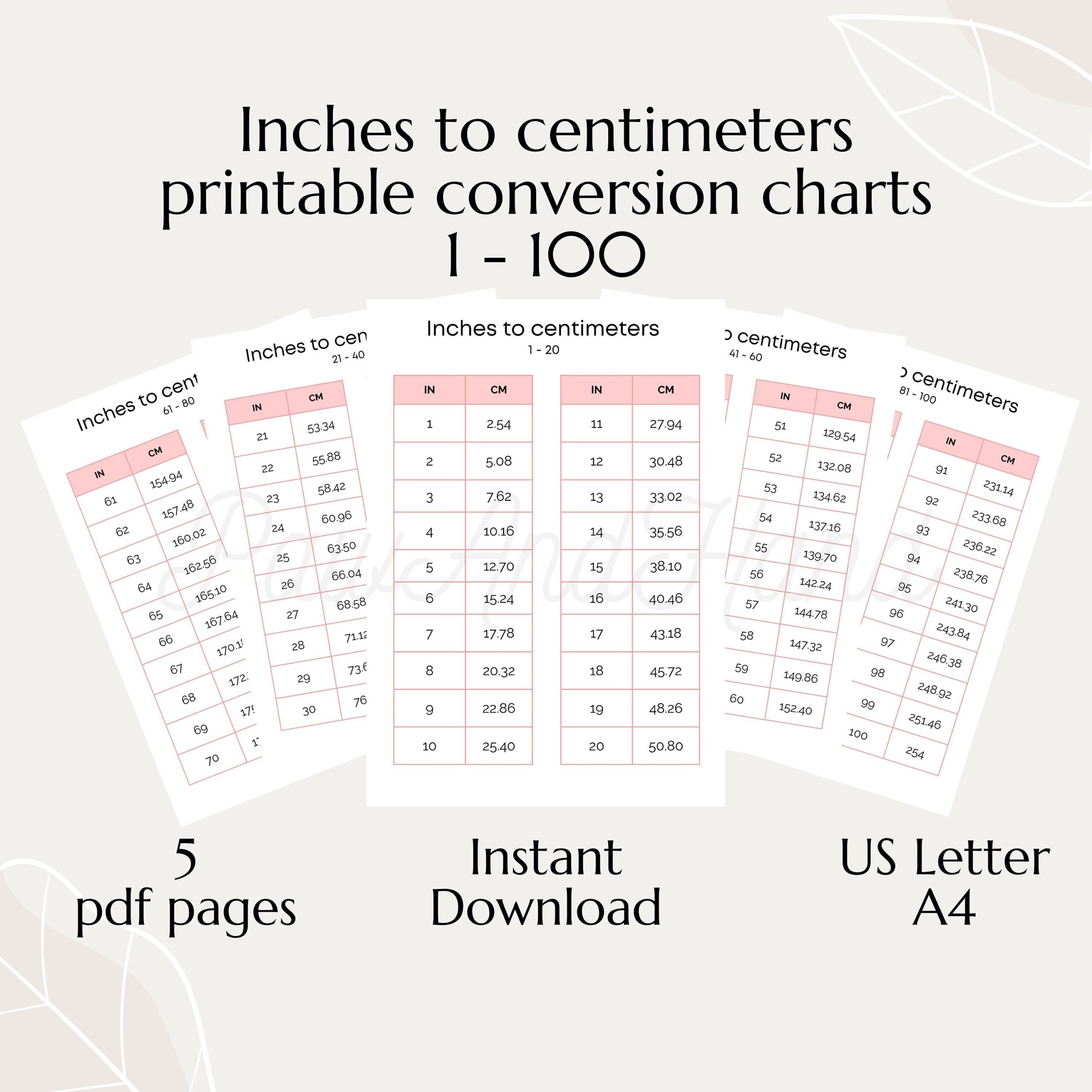 Inches To Centimeters Conversion Chart 1 100 Imperial To Metric Cheat Sheet 5 PDF Pages Handy Table In Cm Charts International Dimensions Etsy