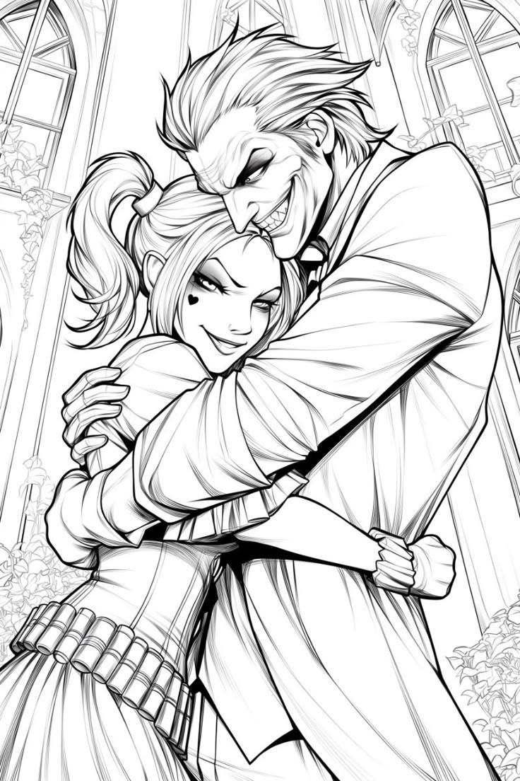 Joker And Harley Quinn s Sinister Embrace Iconic Duo Coloring Page