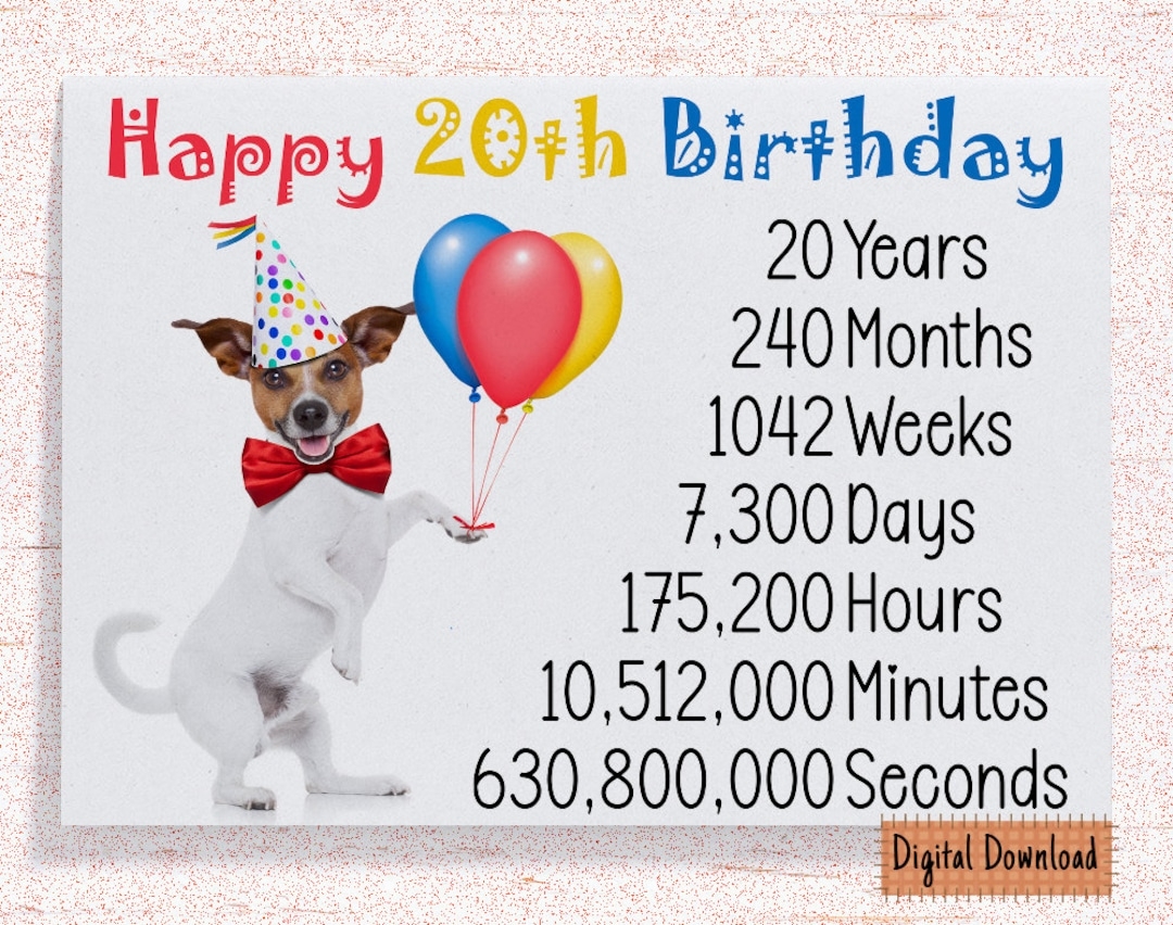 Printable Cute 20th Birthday Card Time Count Birthday Card For 20th Birthday Cute Dog Birthday Wishes 20 Year Etsy
