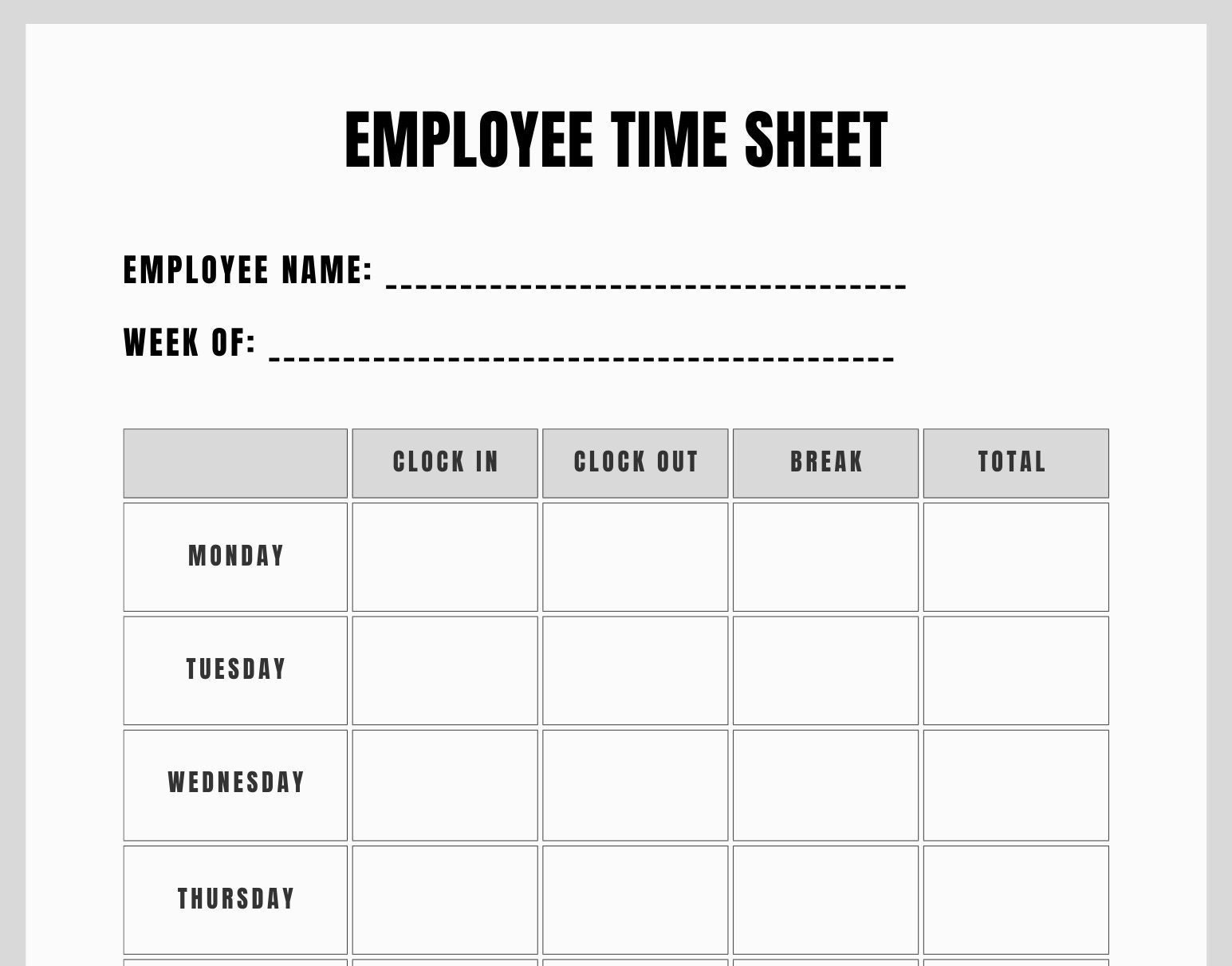 Printable Employee Timesheet Printable Timecard Work Schedule Tracker Easy Work Log Employee Time Sheet Temporary Employee Timecard Etsy