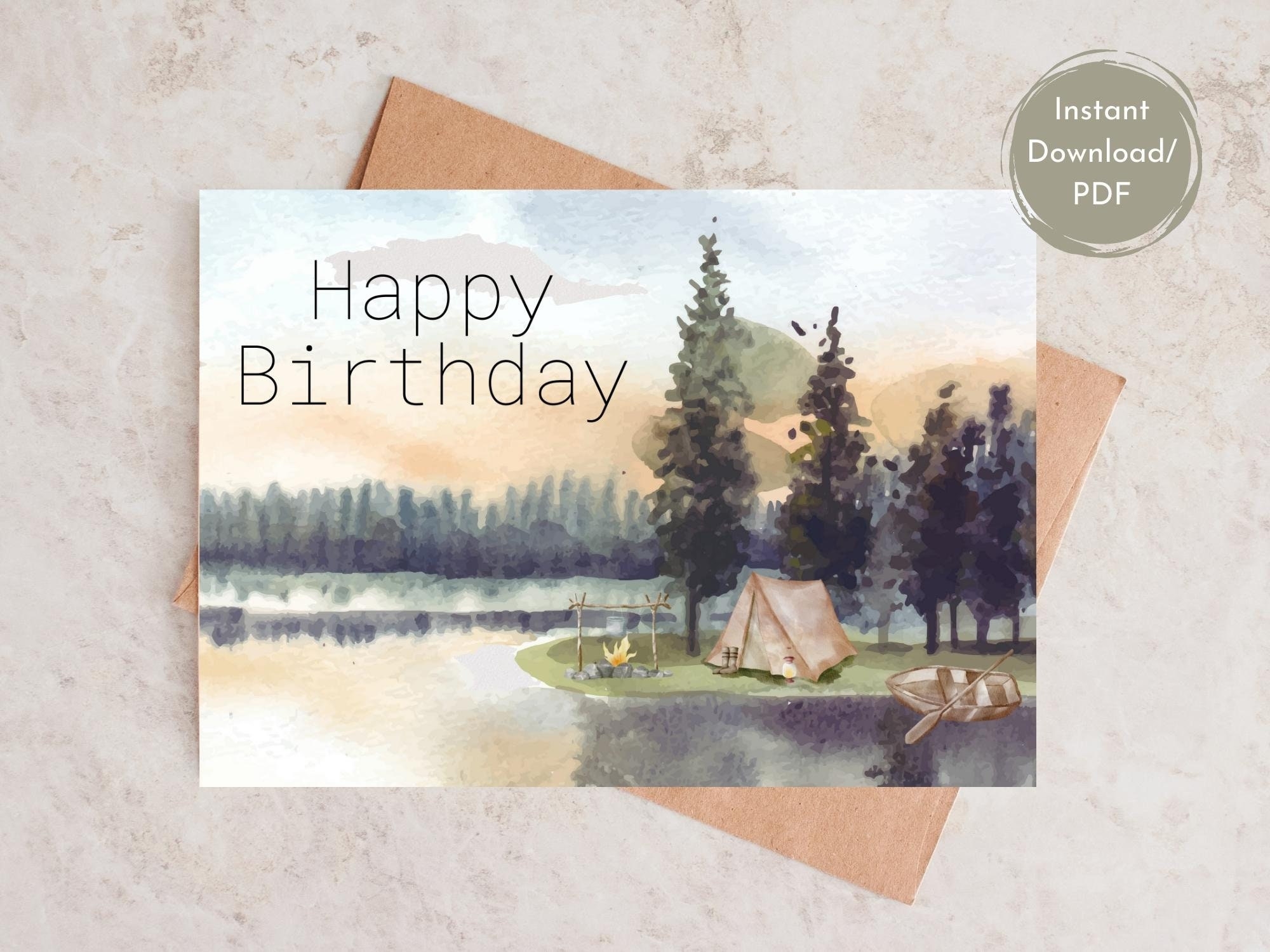 Printable Lake Birthday Card For Him Watercolor Outdoors Camping Scene digital Download Etsy