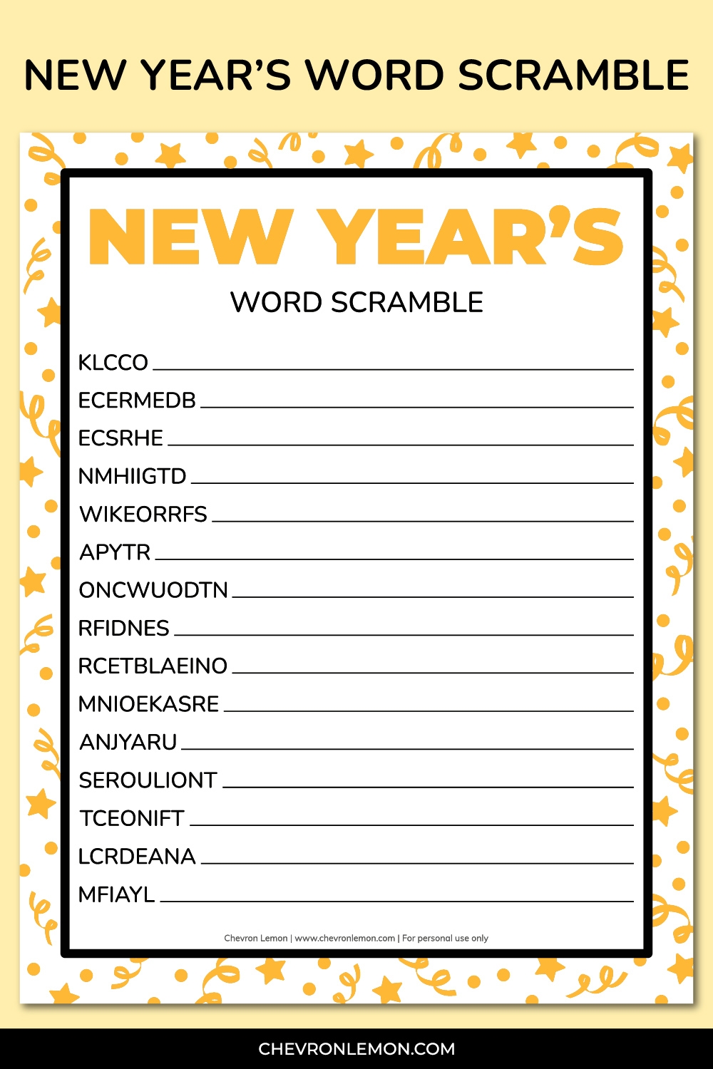 Printable New Year s Word Scramble Chevron Lemon Printable New Year s Word Scramble Chevron Lemon