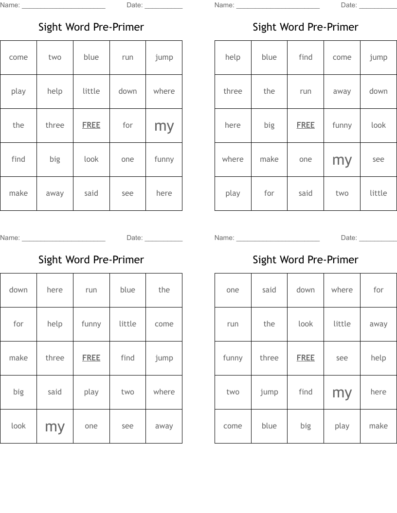 Sight Word Pre Primer Bingo Cards WordMint