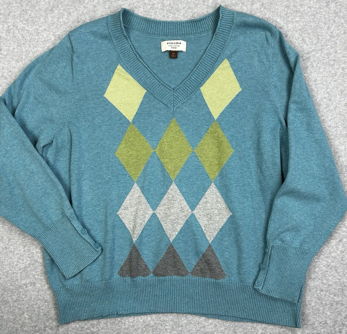 Sonoma Argyle Sweater Womens 2X Blue Diamond Pattern V Neck Preppy 100 Cotton EBay