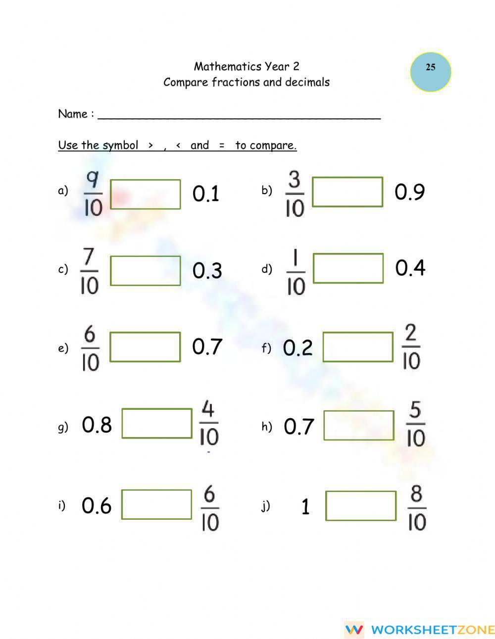 10000 Comparing Fractions And Decimals Worksheet Collection For Worksheets Library