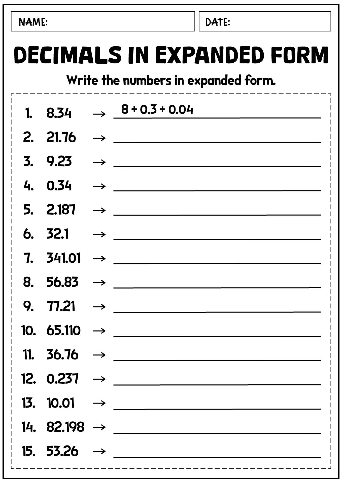 decimal expanded form worksheet