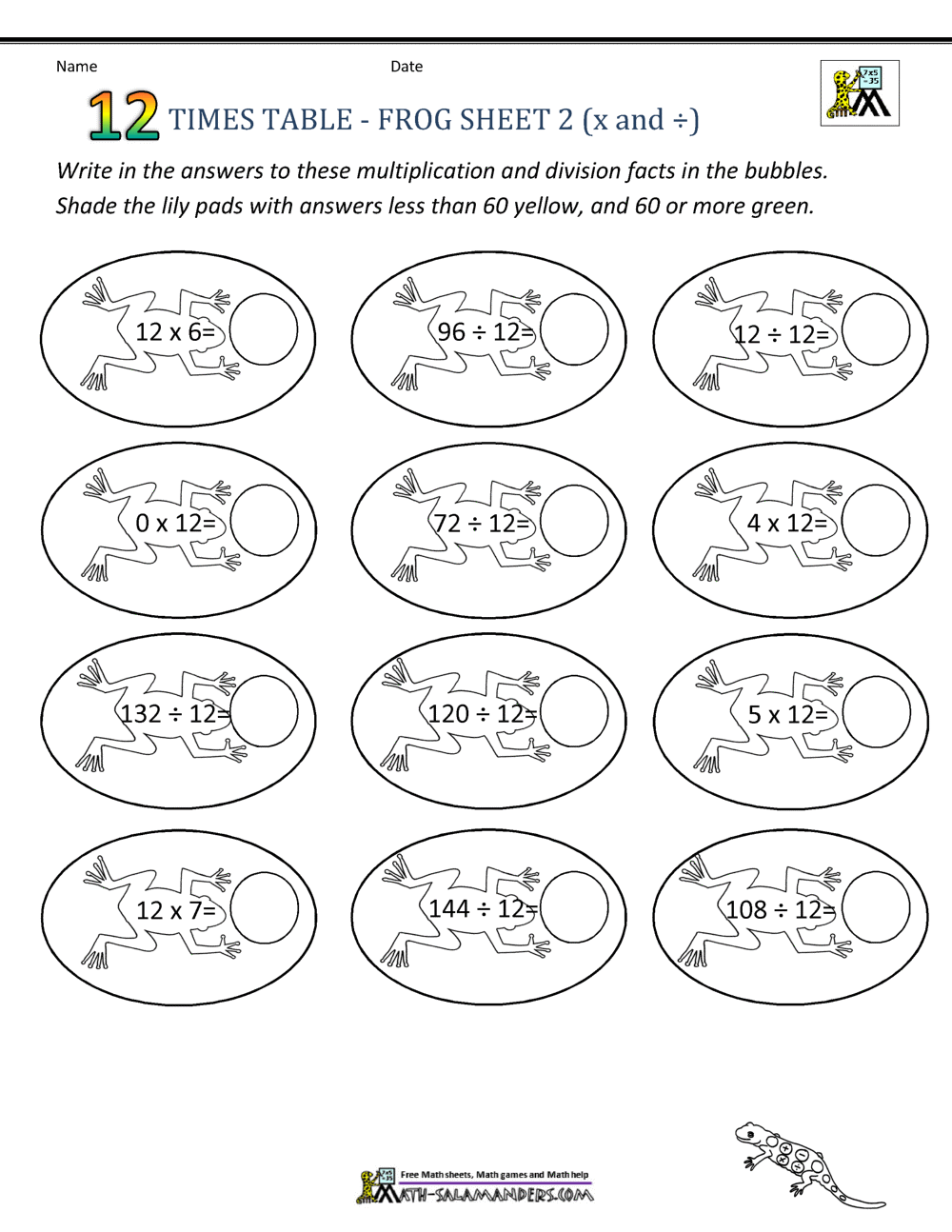 12 multiplication table worksheet