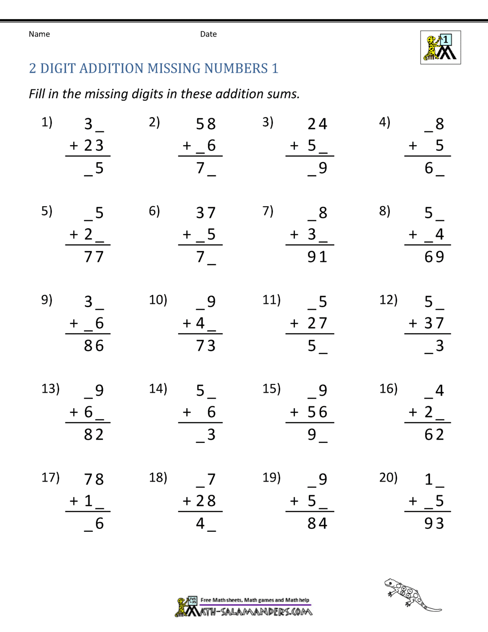 addition 2 digit numbers worksheet