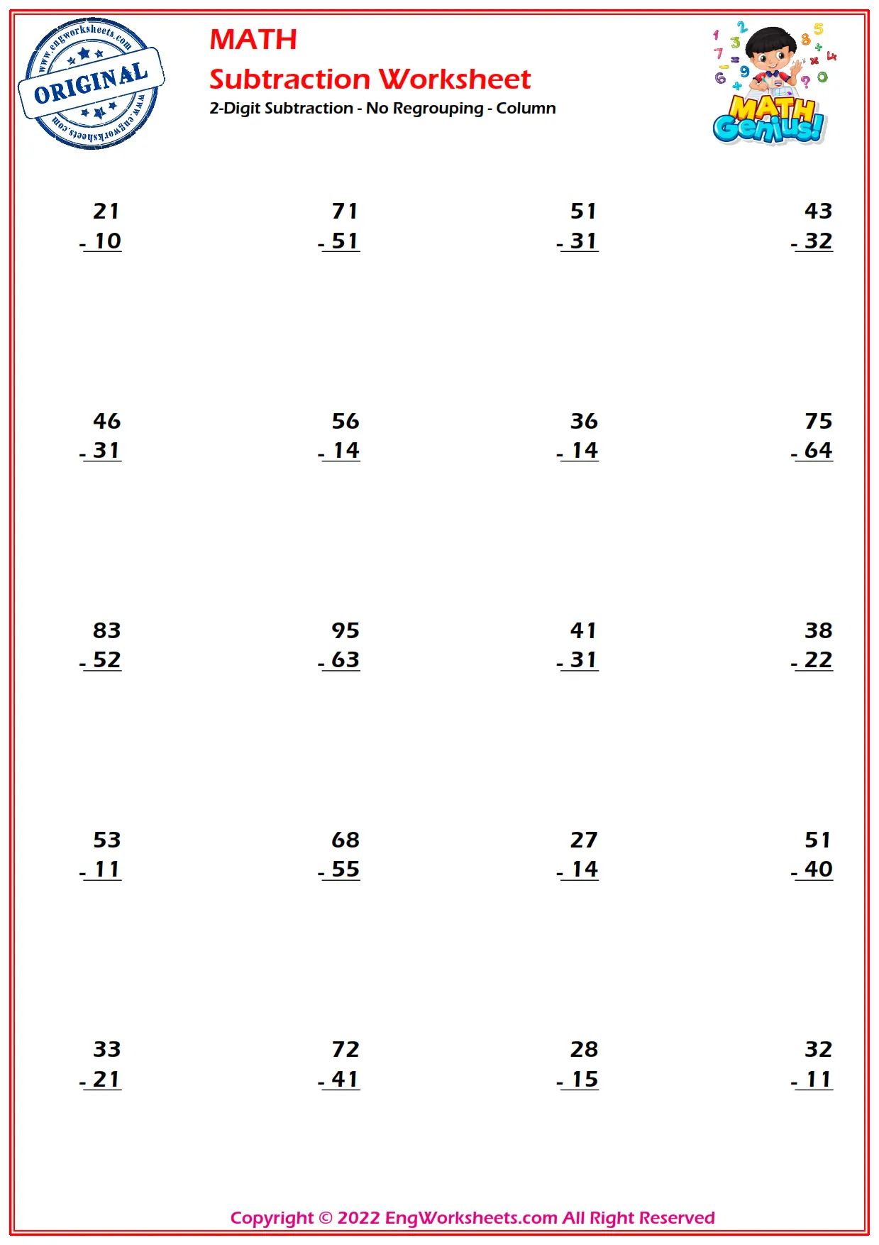2 Digit Subtraction No Regrouping Column EngWorksheets Images Preview