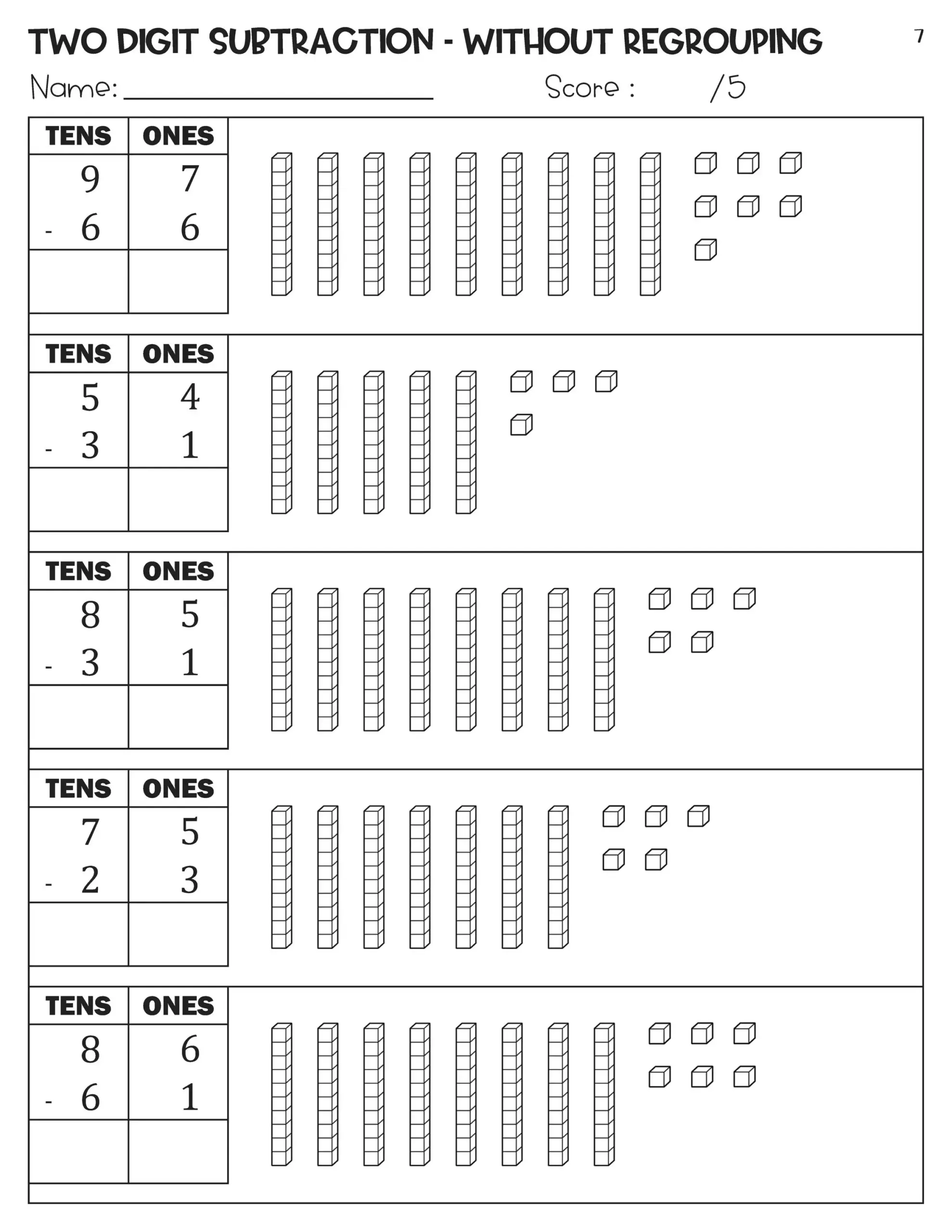 double digit subtraction no regrouping worksheets