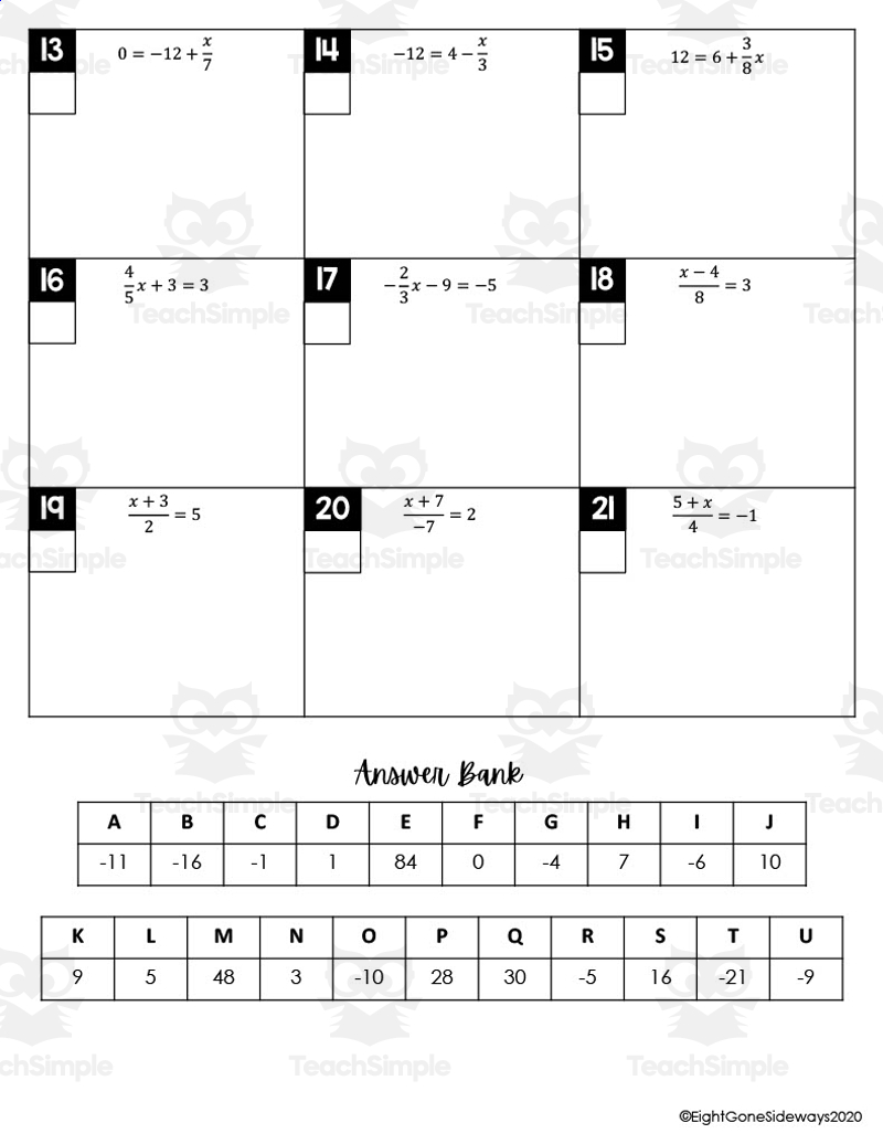 two step equations fractions worksheet