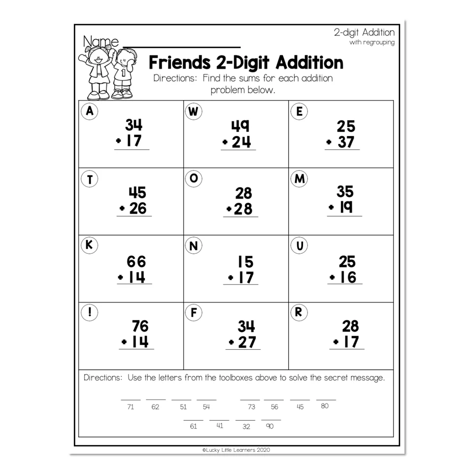 2nd Grade Math Worksheets 2 Digit Addition With Regrouping Friends 2 digit Addition Lucky Little Learners