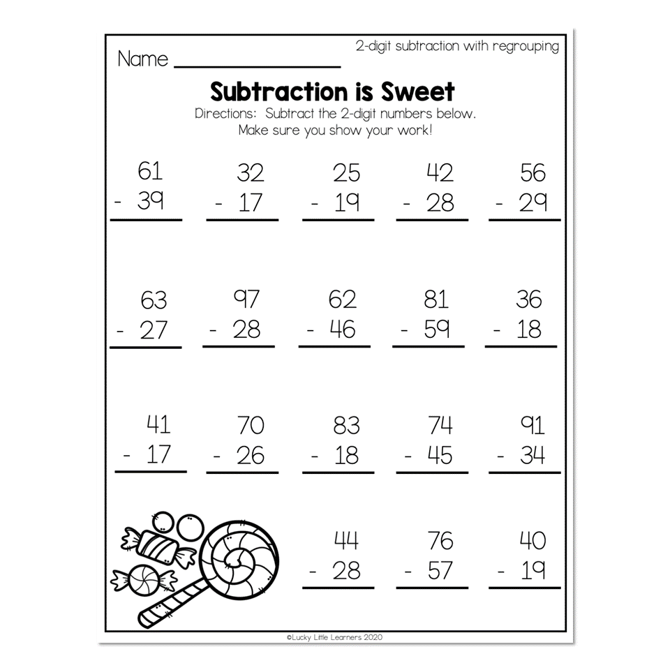 2nd Grade Math Worksheets 2 Digit Subtraction With Regrouping Subtraction Is Sweet Lucky Little Learners 2nd Grade Math Worksheets 2 Digit Subtraction With Regrouping Subtraction Is Sweet Lucky Little Learners