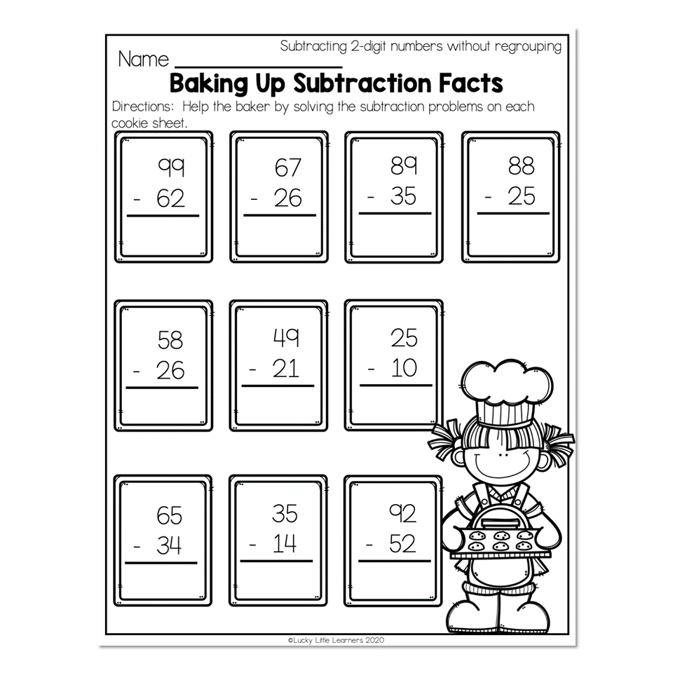 2nd Grade Math Worksheets 2 Digit Subtraction Without Regrouping Baking Up Subtraction Facts Lucky Little Learners 2nd Grade Math Worksheets 2 Digit Subtraction Without Regrouping Baking Up Subtraction Facts Lucky Little Learners
