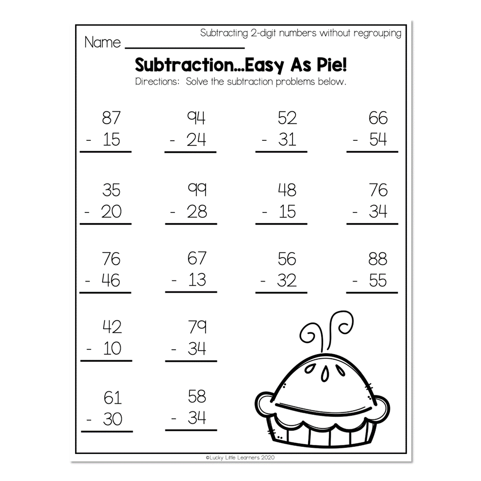 2nd Grade Math Worksheets 2 Digit Subtraction Without Regrouping Subtraction Easy As Pie Lucky Little Learners