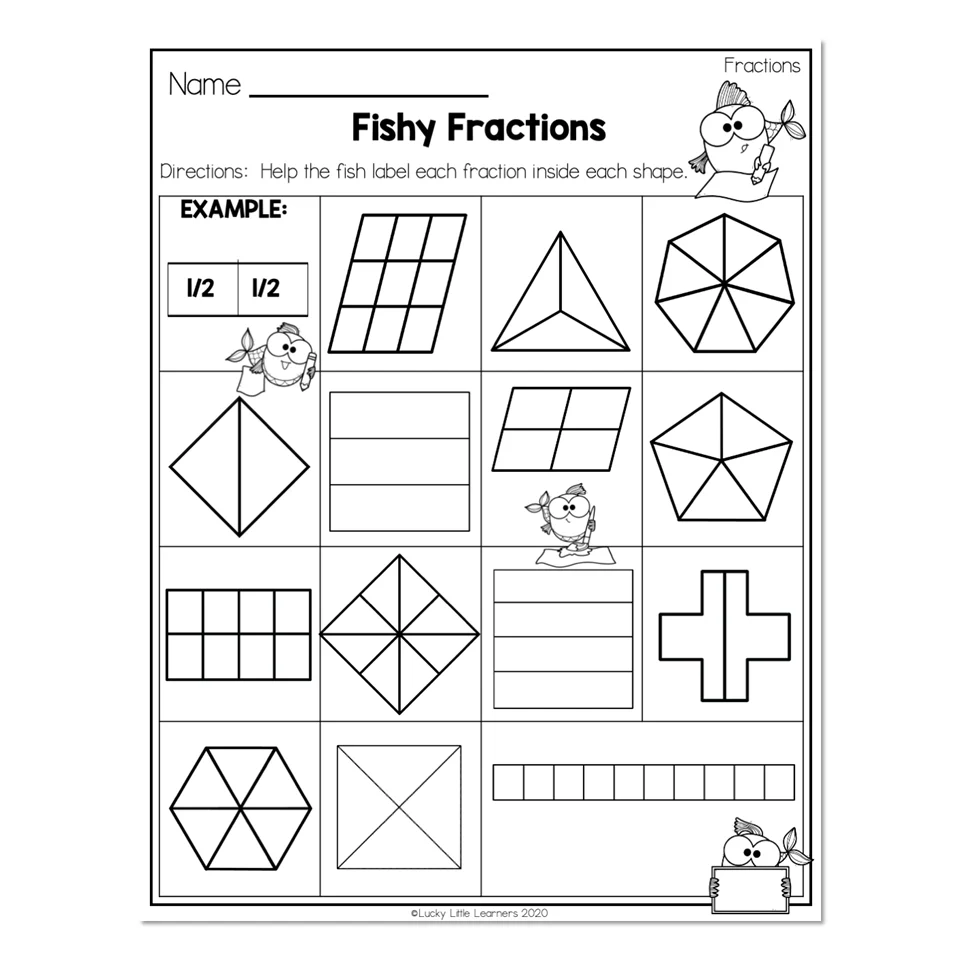 2nd Grade Math Worksheets Geometry Fractions Fishy Fractions Lucky Little Learners