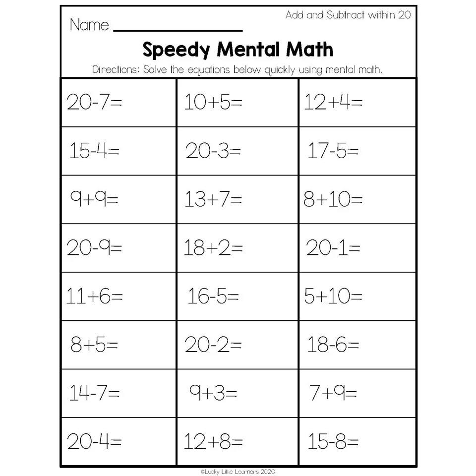 2nd Grade Math Worksheets Operations And Algebraic Thinking Add And Subtract Within 20 Speedy Mental Math Lucky Little Learners