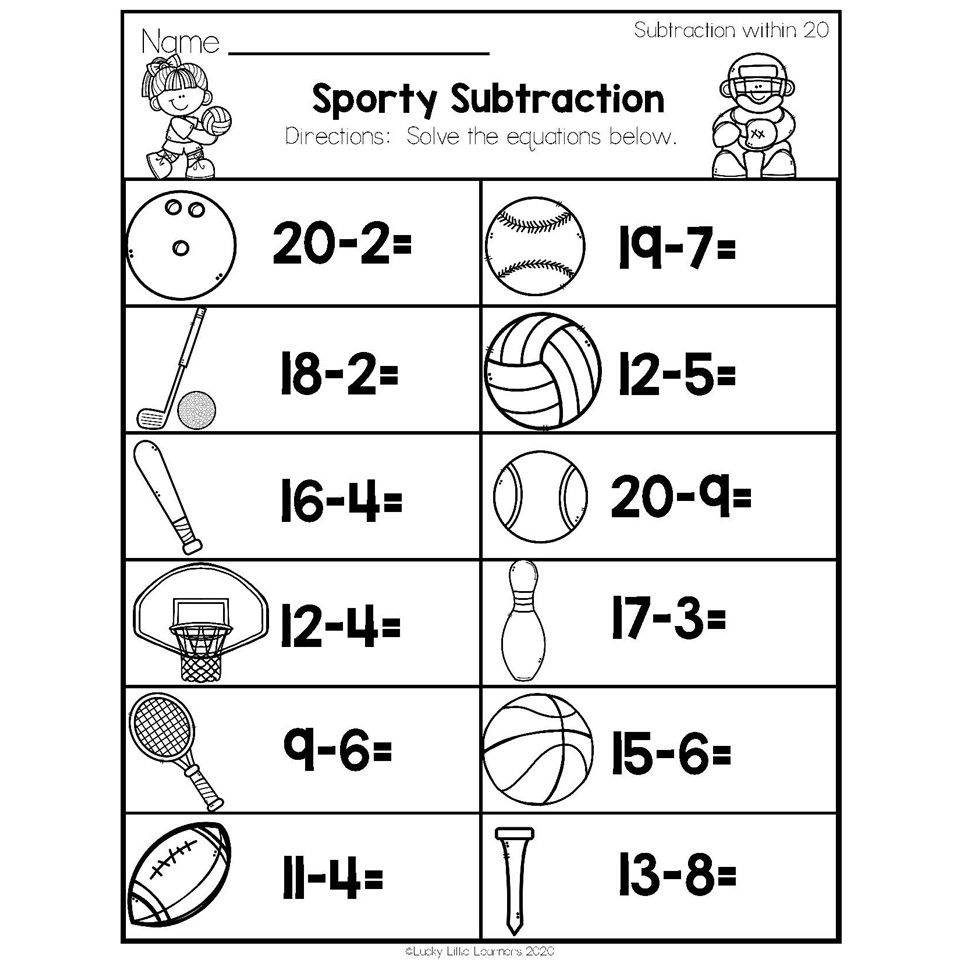 2nd Grade Math Worksheets Operations And Algebraic Thinking Subtraction Within 20 Sporty Subtraction Lucky Little Learners 2nd Grade Math Worksheets Operations And Algebraic Thinking Subtraction Within 20 Sporty Subtraction Lucky Little Learners