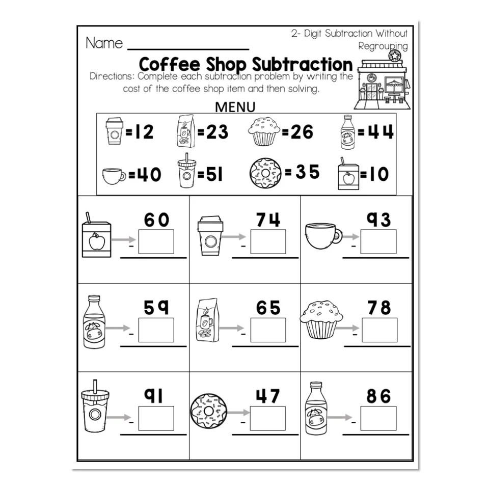2nd Grade Math Worksheets Place Value 2 Digit Subtraction Without Regrouping Coffee Shop Subtraction Lucky Little Learners
