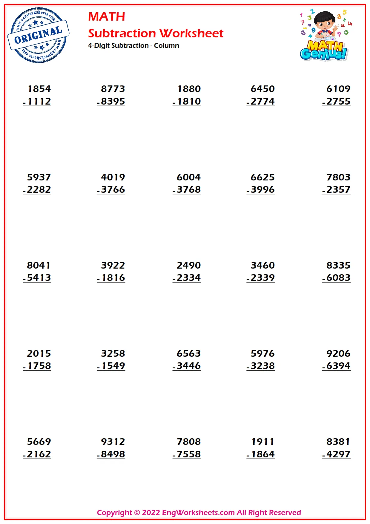 4 Digit Subtraction Standard Worksheets Free PDF EngWorksheets