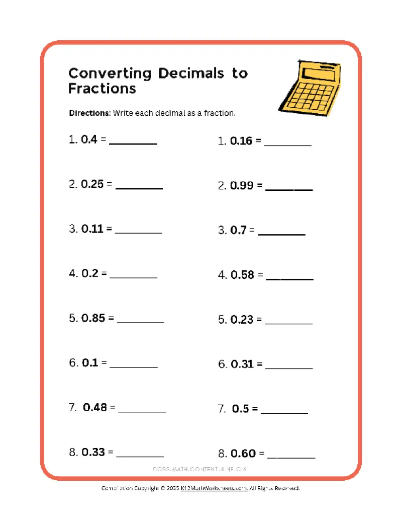 4th Grade Decimals K12 Math Worksheets