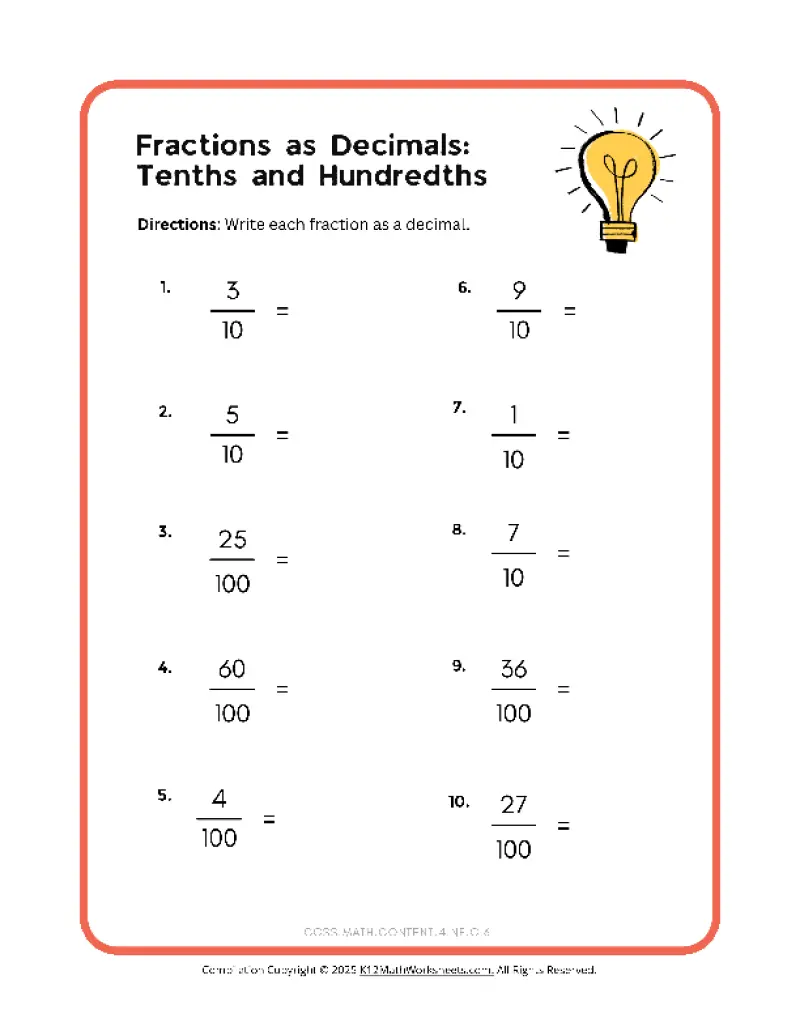 4th Grade Decimals K12 Math Worksheets