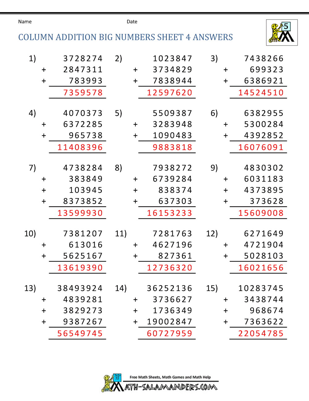 5th Grade Addition Worksheets