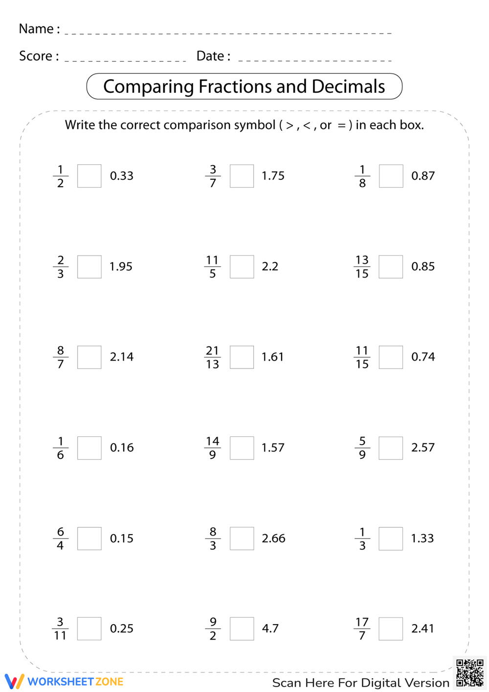 5th Grade Comparing Decimals Worksheets Pdf Worksheetzone