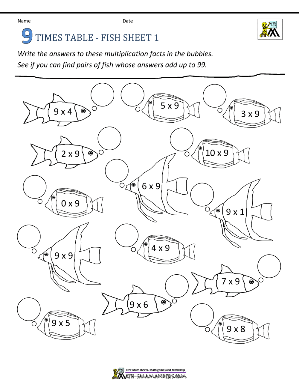 9 Times Table Worksheets
