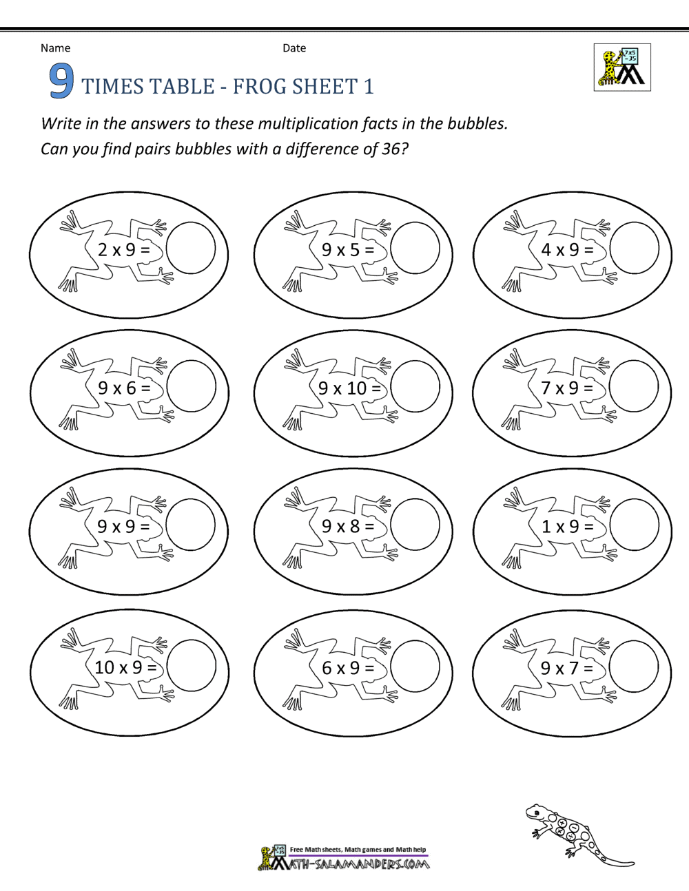 9 Times Table Worksheets