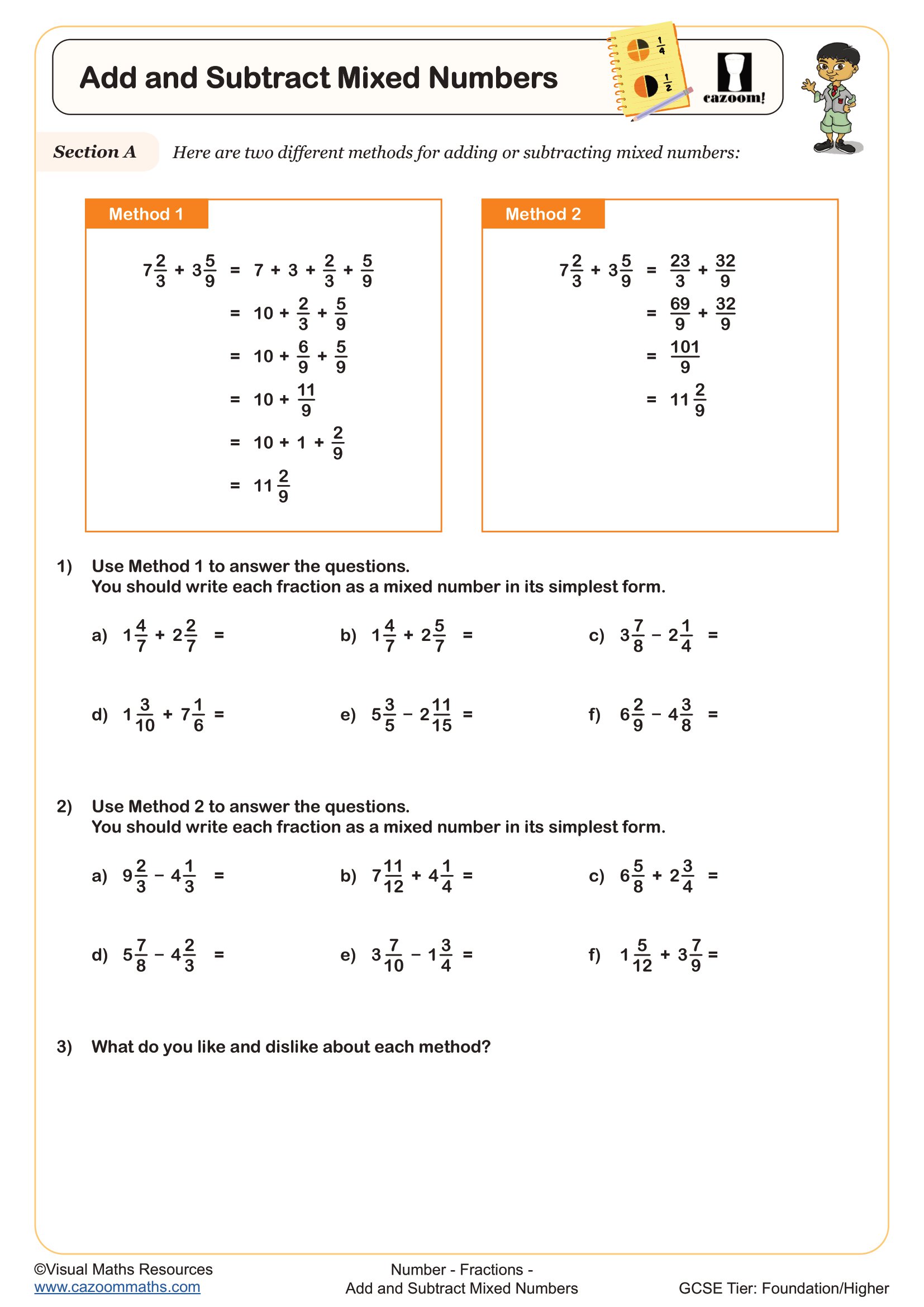 Add And Subtract Mixed Numbers Worksheet Printable PDF For Year 8 Year 9 And Year 10 Number Worksheet Add And Subtract Mixed Numbers Worksheet Printable PDF For Year 8 Year 9 And Year 10 Number Worksheet