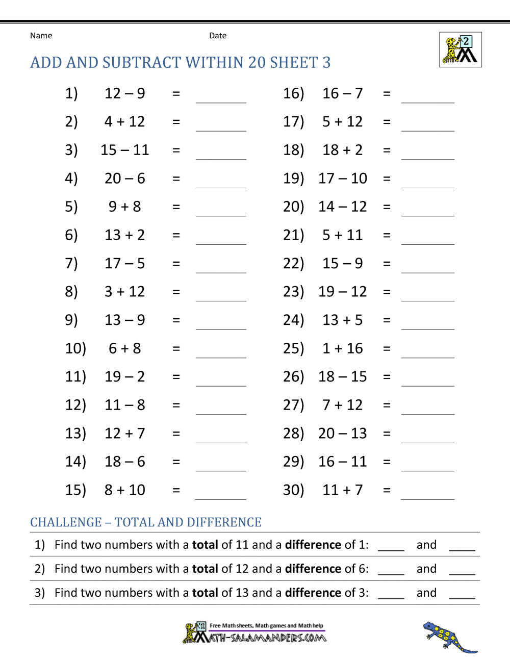 Add And Subtract Within 20