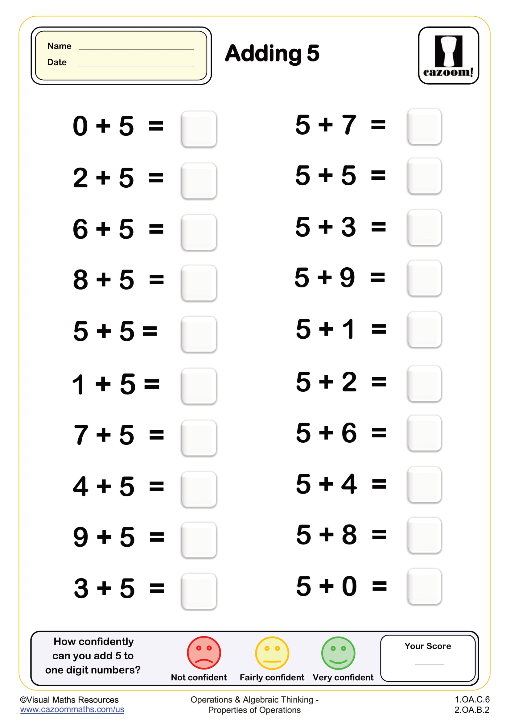 Adding 5 20 Questions PDF Printable Addition Worksheets Adding 5 20 Questions PDF Printable Addition Worksheets