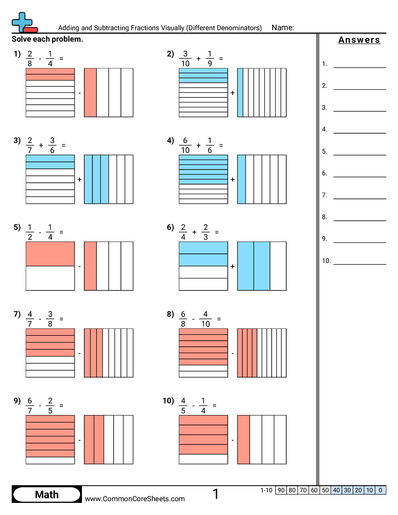subtracting fractions with different denominators worksheet
