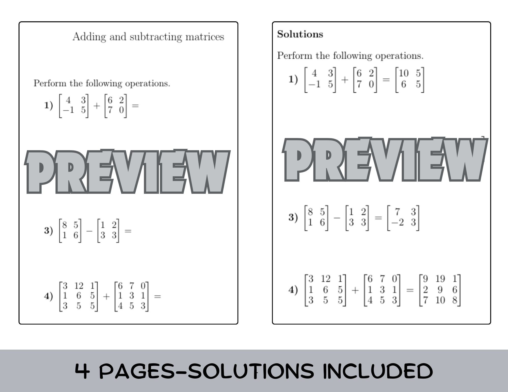 Adding And Subtracting Matrices Worksheet with Solutions Teaching Resources Adding And Subtracting Matrices Worksheet with Solutions Teaching Resources