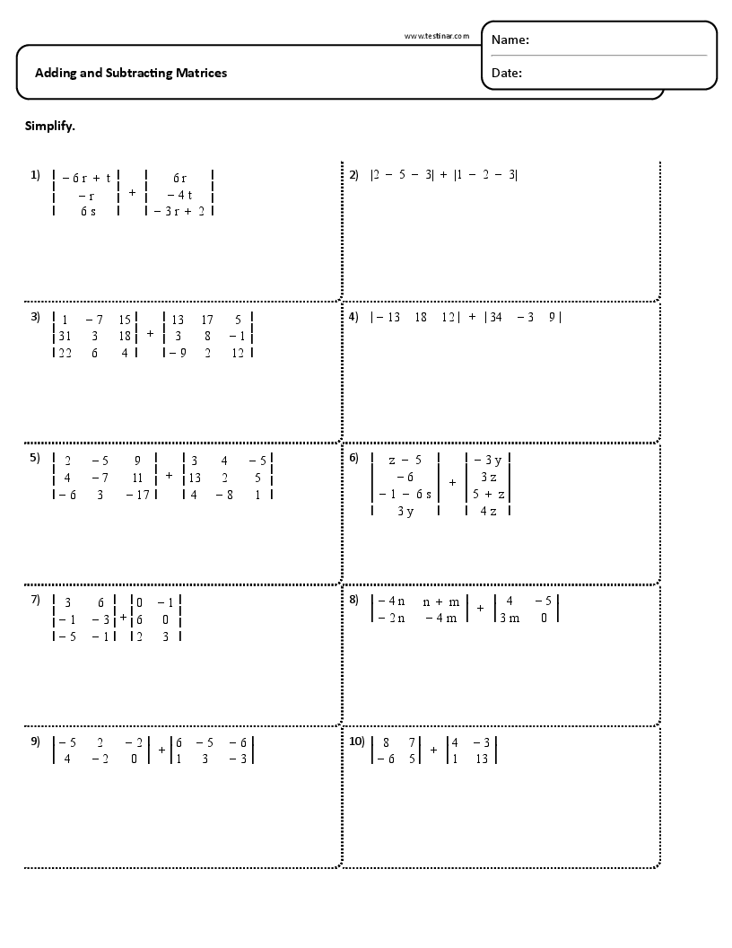 Adding And Subtracting Matrices Worksheets Adding And Subtracting Matrices Worksheets