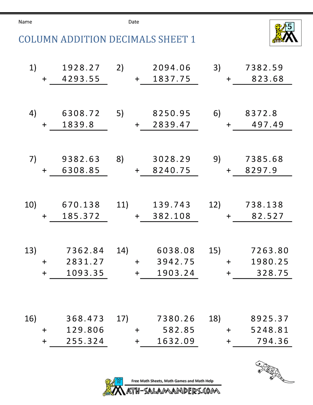 Adding Decimals Worksheet 5th Grade Adding Decimals Worksheet 5th Grade