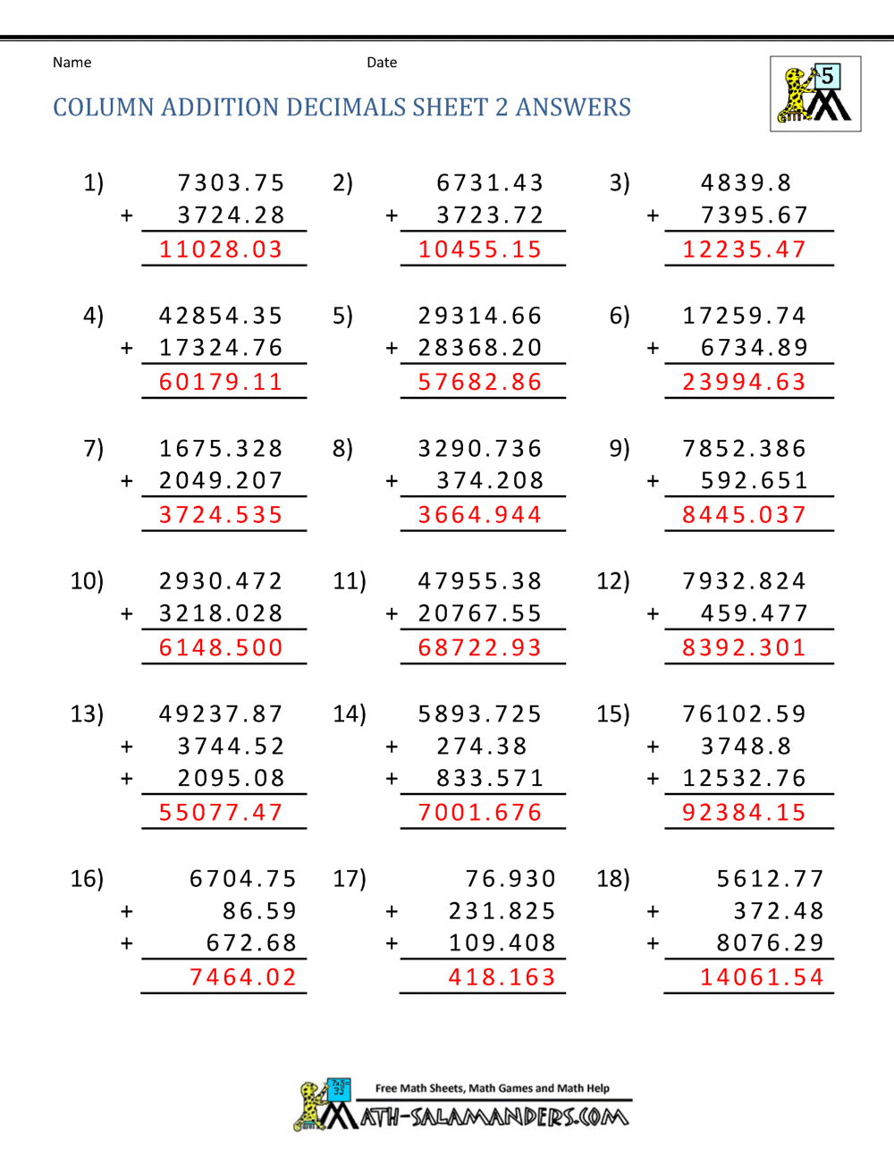 math decimals worksheets