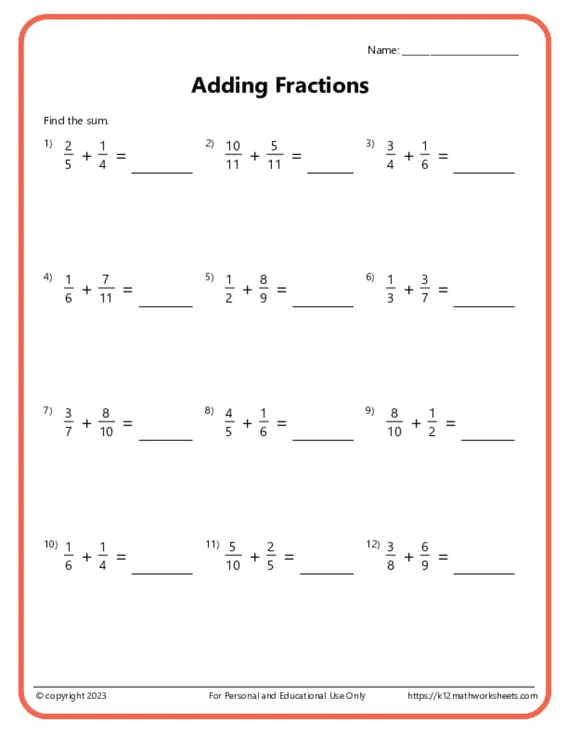 Adding Fractions With Unlike Denominators Worksheets