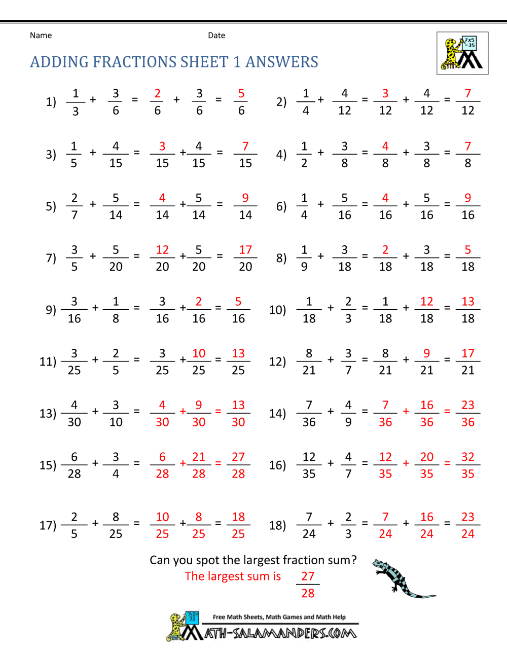 Adding Fractions Worksheets Adding Fractions Worksheets