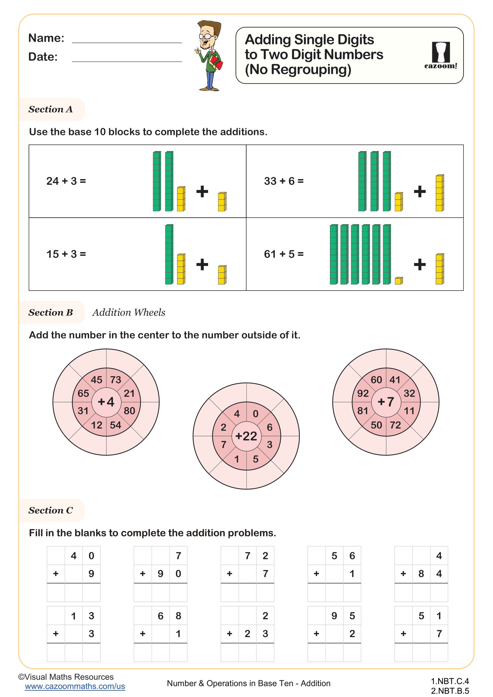 Adding Single Digits To Two Digit Numbers No Regrouping Worksheet Printable 1st And 2nd Grade Number Worksheet Adding Single Digits To Two Digit Numbers No Regrouping Worksheet Printable 1st And 2nd Grade Number Worksheet