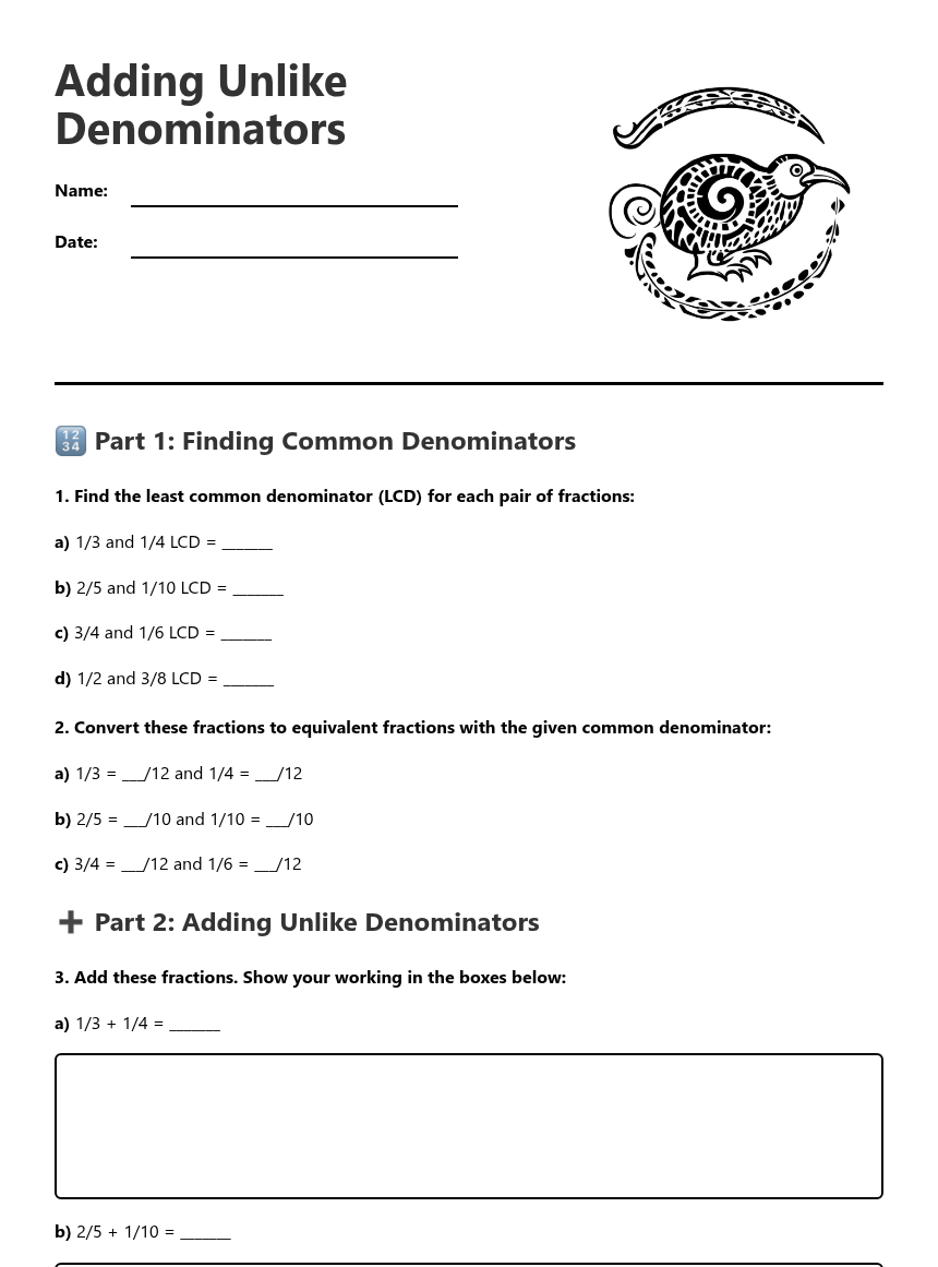 Adding Unlike Denominators Free Printable Worksheet Kuraplan