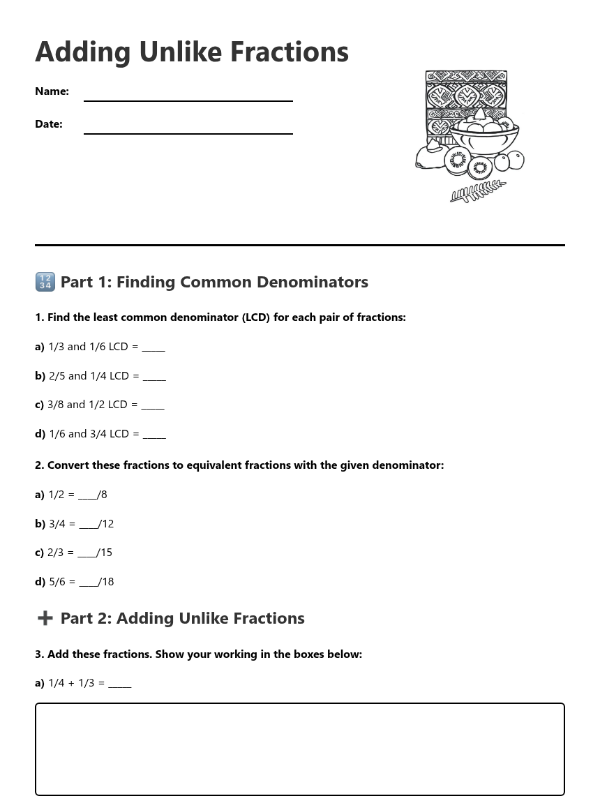 Adding Unlike Fractions Free Printable Worksheet For Maths Kuraplan