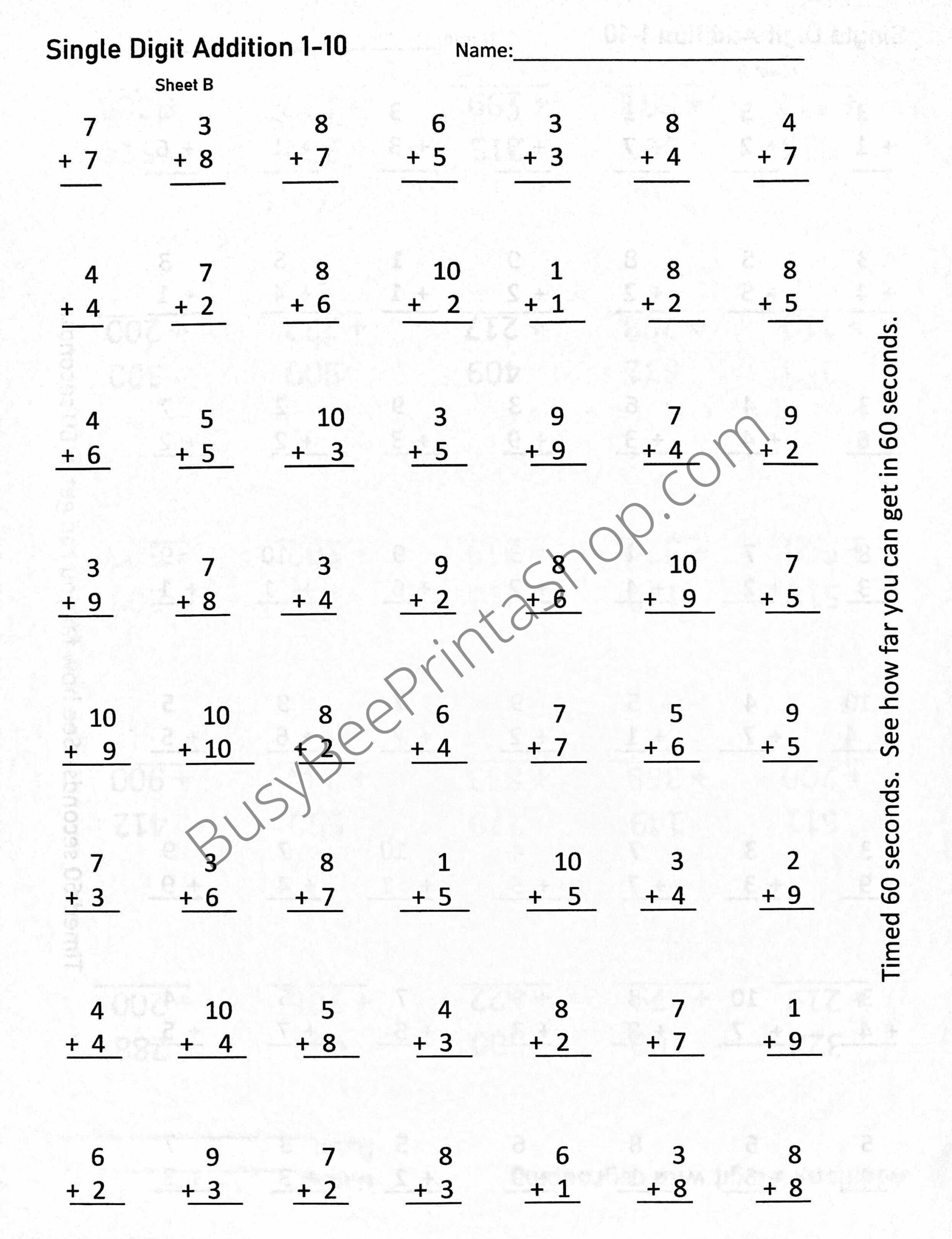 Addition 1 10 Timed Worksheet 2 Sheets 56 Math Problems On Each Sheet Etsy Addition 1 10 Timed Worksheet 2 Sheets 56 Math Problems On Each Sheet Etsy
