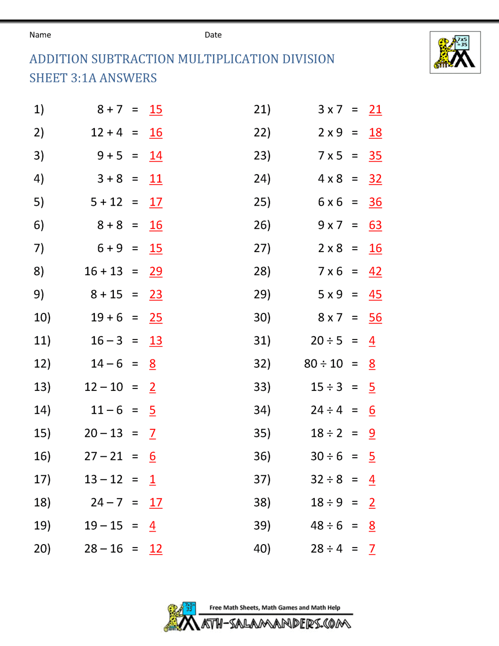 Addition Subtraction Multiplication Division Worksheets Addition Subtraction Multiplication Division Worksheets