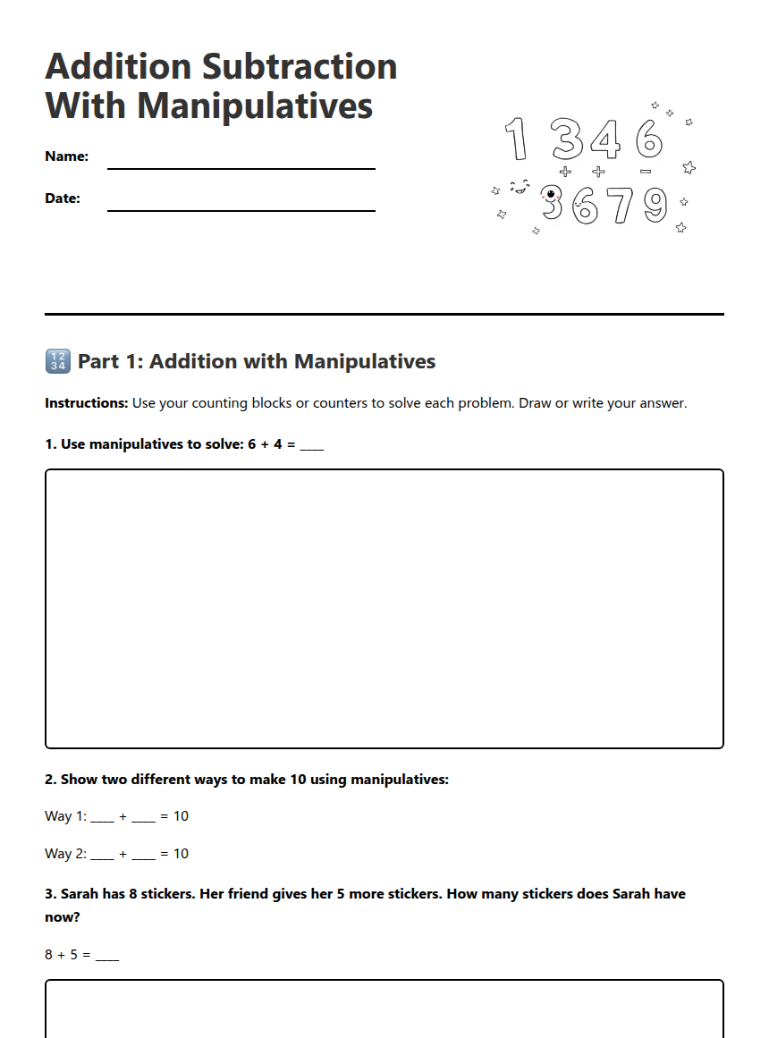 Addition Subtraction With Manipulatives Free Printable Worksheet For Mathematics Kuraplan Addition Subtraction With Manipulatives Free Printable Worksheet For Mathematics Kuraplan