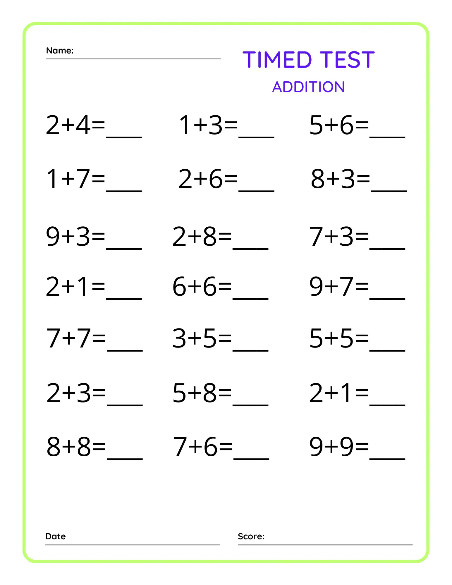 Addition Timed Test Etsy Addition Timed Test Etsy