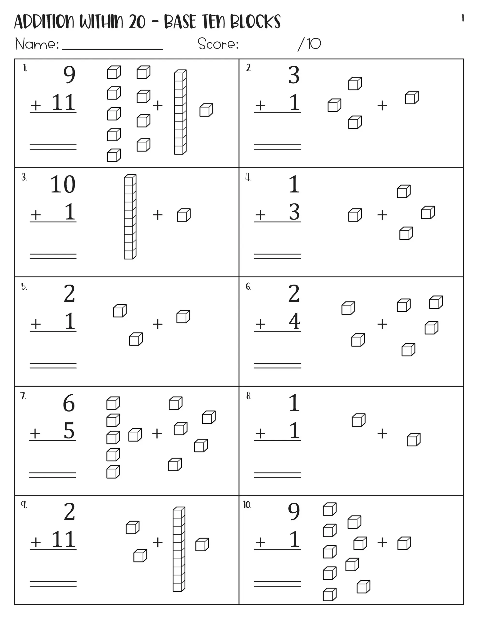 Addition Within 20 With Pictures Base Ten Blocks Worksheets Etsy Addition Within 20 With Pictures Base Ten Blocks Worksheets Etsy