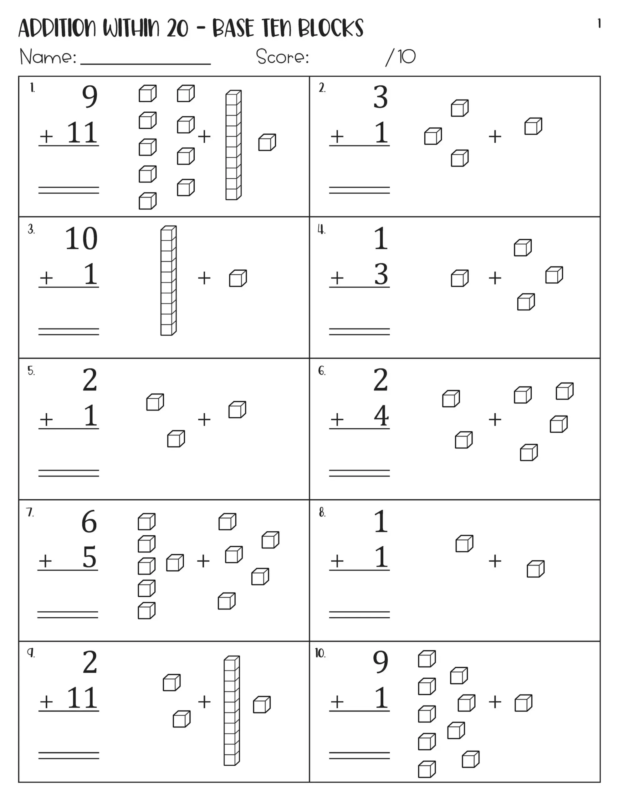 Addition Within 20 With Pictures Base Ten Blocks Worksheets Etsy Addition Within 20 With Pictures Base Ten Blocks Worksheets Etsy