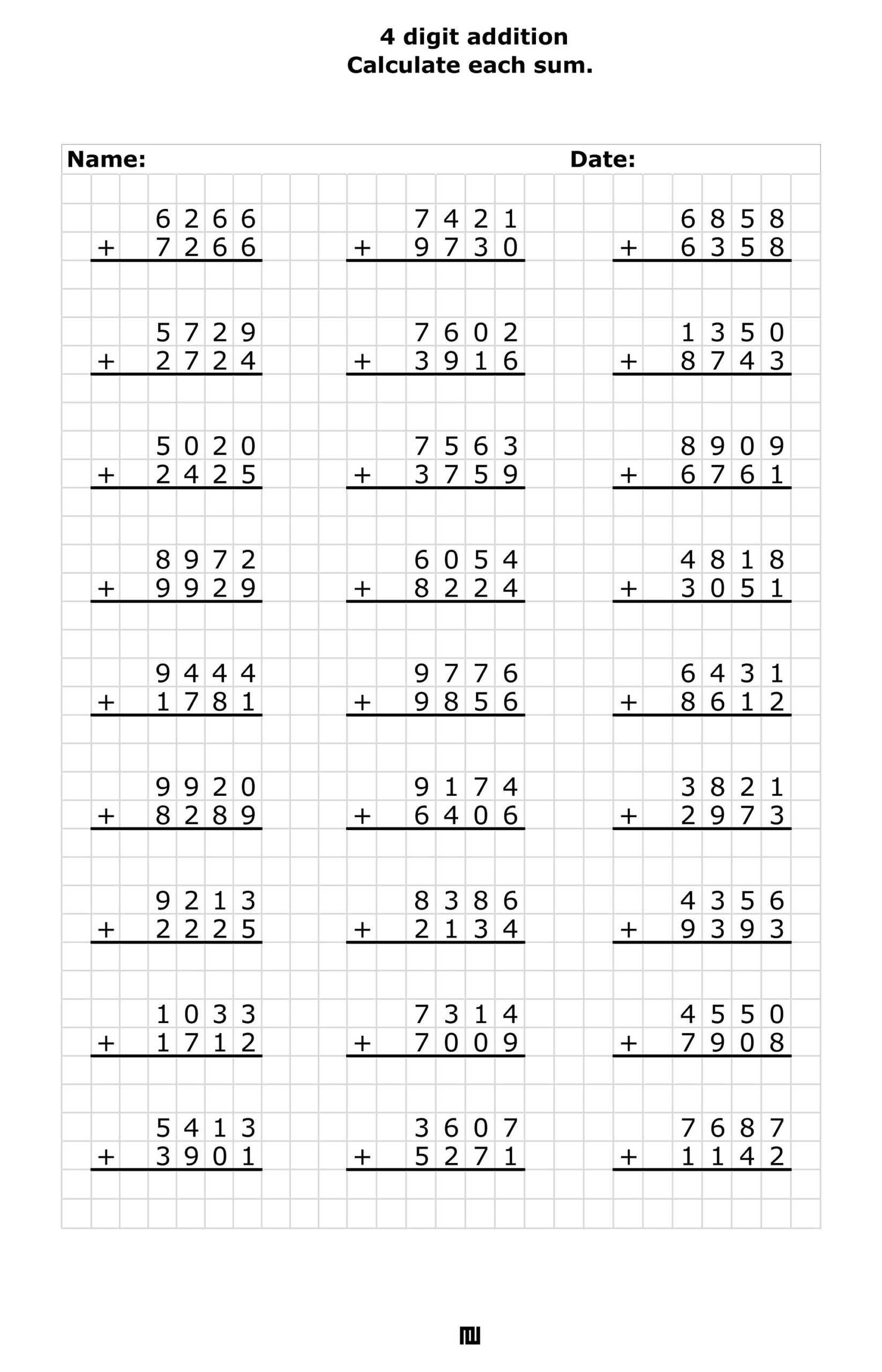 Addition Worksheets Adding 4 digit Numbers In Columns Addition 4 Worksheets Library